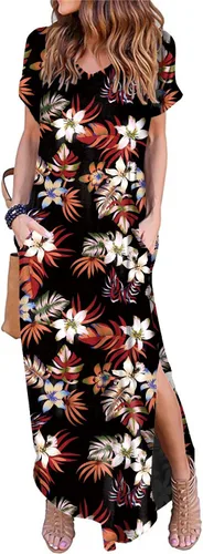 Vestido largo casual suelto de manga corta con cuello en V para mujer, vestido largo con abertura, vestido de playa de verano con bolsillos
