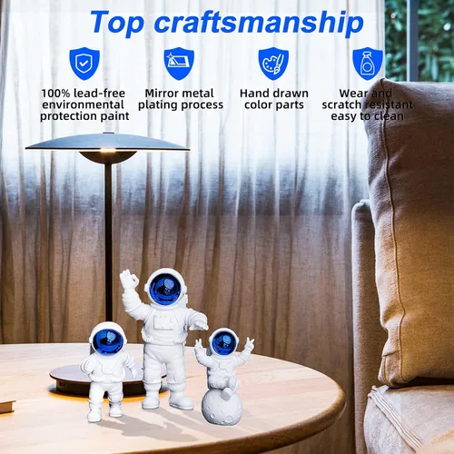 Miniatura 4 de Juego de 4 piezas de decoración de estatua de astronauta, adorno de figura de astronauta de poliresina azul, 3 piezas de espejo y 1 llavero