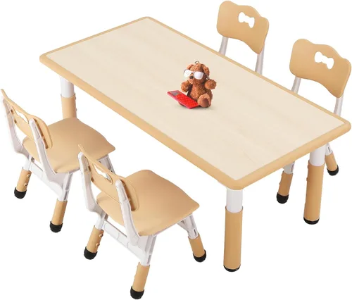 Miniatura 8 de FUNLIO Juego de mesa y 4 sillas para niños, juego de mesa y sillas ajustables en altura para niños de 3 a 8 años, mesa fácil de limpiar para Azul