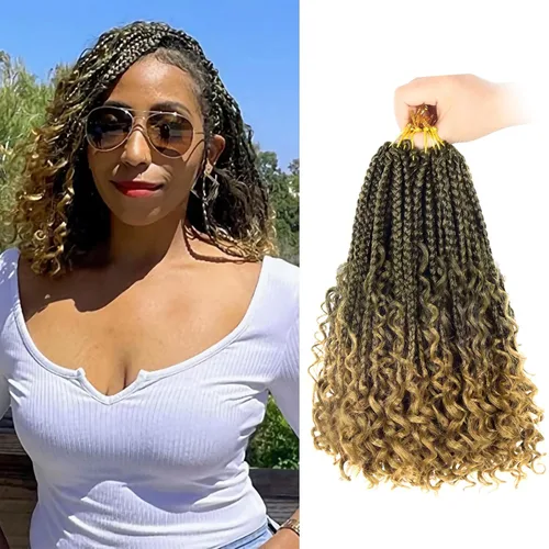 Miniatura 33 de Goddess Box Braids - Trenzas de cabello a ganchillo con extremos rizados, trenzas de caja bohemianas de 16 pulgadas, trenzas de ganchillo, 8 1B-4-30