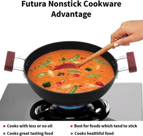 Miniatura 5 de Hawkins Futura Kadhai de 5 litros de profundidad, Kadai antiadherente con tapa de cristal, fondo plano de inducción, Kadhai, color negro (INK50G)
