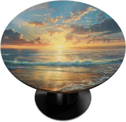 Miniatura 44 de Mantel redondo ajustable de playa de madera de verano con diseño de estrella de mar y borde elástico (se adapta a mesas de 40 a 44 pulgadas)