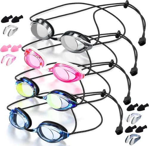 Qeeenar 4 pares de gafas de natación para niños y adultos – Correa elástica de verano antivaho y fugas, gafas unisex de ajuste rápido con clips para