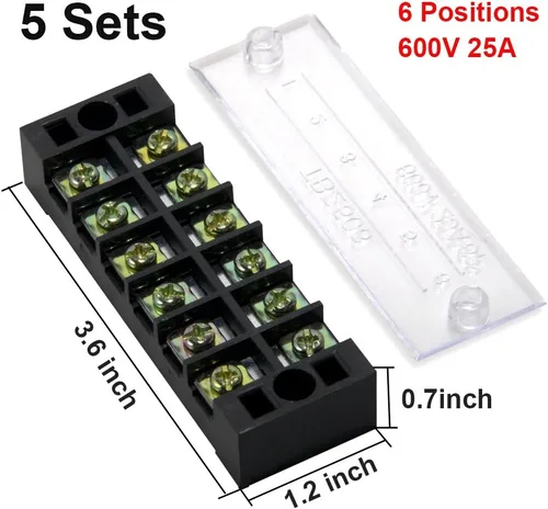 Miniatura 2 de 10 piezas (5 juegos) Bloques de tira de terminal de tornillo de 6 posiciones de doble hilera 600 V 25 A con cubierta + tira de barrera de terminales