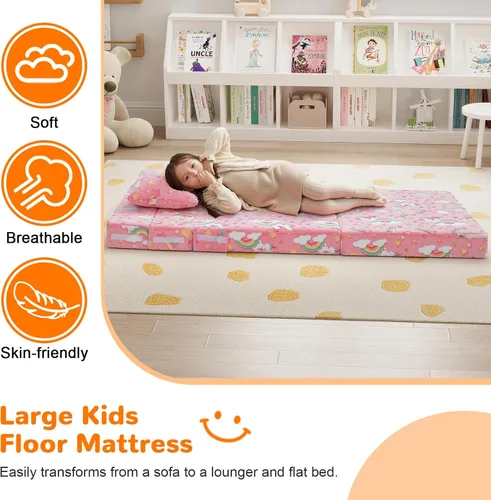 Miniatura 4 de MeMoreCool Silla Cama Futón Plegable para Niños, Sofá Cama Tri-plegable Brillante Convertible Colchón Sofá para Niños Pequeños, Sofá de Espuma