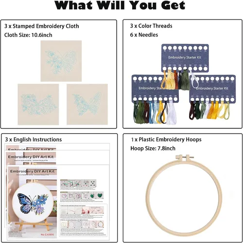 Miniatura 2 de GLTAYLMY Kit de bordado con patrón de mariposa para adultos principiantes, kits de punto de cruz con 1 aro de bordado de plástico, agujas e hilos
