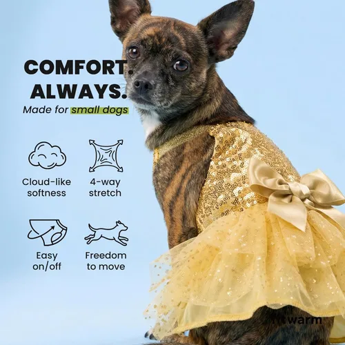 Miniatura 6 de Fitwarm Vestido tutú para perro con lentejuelas brillantes, traje de Navidad de lujo para perros pequeños y niñas, ropa para mascotas, color dorado