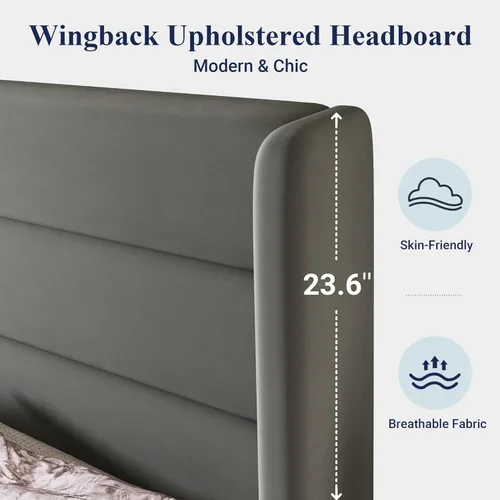 Miniatura 4 de Allewie - Base de cama tamaño Queen con cabecera tapizada en terciopelo con respaldo abatido, sin necesidad de somier, espacio de almacenamiento Gris