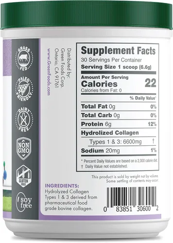 Miniatura 3 de Green Foods Polvo hidrolizado elevado 7oz de la proteína de los péptidos del colágeno de la pasto alimentado con pasto - 30 porciones