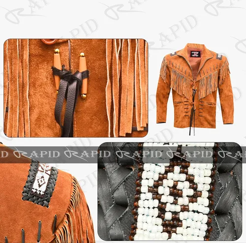 Miniatura 4 de Chaqueta de cuero vaquero occidental para hombre, gamuza real y flecos, abrigo nativo americano, color marrón tostado, talla 3XL grande RP-786 0
