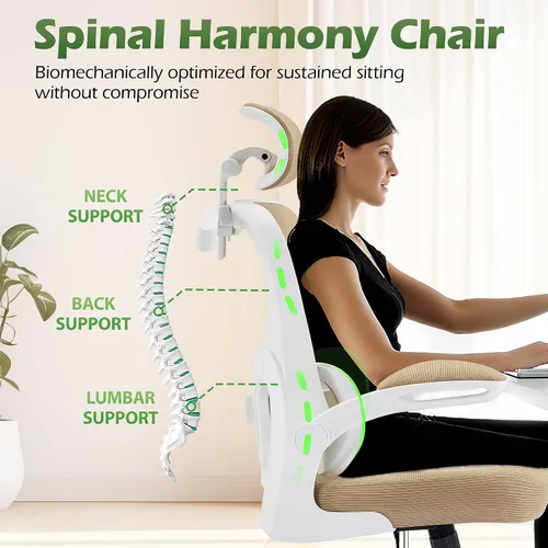 Miniatura 6 de AreShark Silla de Oficina Ergonómica con Soporte Lumbar Ajustable y Gancho para Reposacabezas, Silla de Malla Transpirable de Respaldo Alto con Caqui