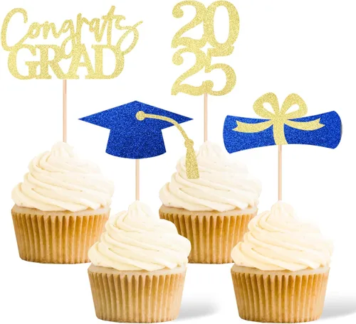 Gexolenu Decoración de graduación de clase 2025 para cupcakes, tapa de graduación de doble cara para suministros de fiesta de graduación (24 piezas,