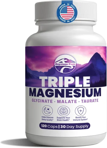 Complejo triple de magnesio – 300 mg por porción – glicinato, taurato, malato – quelado, suave para el estómago – Etiqueta limpia – Hecho en Estados