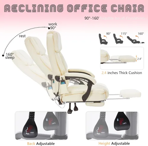 Miniatura 4 de Silla de Oficina de Masaje con Reposapiés, 6 Puntos de Vibración y Calor, Sillas de Escritorio de Oficina en Casa para Personas Pesadas de 400 Crema