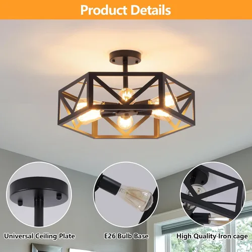 Miniatura 5 de Lámpara de techo industrial semiempotrada, moderna lámpara de techo negra, lámpara de techo de granja con jaula hexagonal de metal para cocina