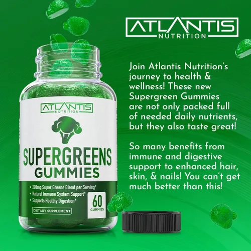 Miniatura 7 de Atlantis Nutrition Supergreens Gomitas - Suplemento diario de superalimentos verdes con espinacas, brócoli, moringa, remolacha, apio, té verde