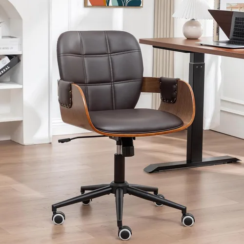 Silla de escritorio de oficina en casa con ruedas giratorias, artesanía de nogal, respaldo y brazos curvos ergonómicos, piel sintética, altura
