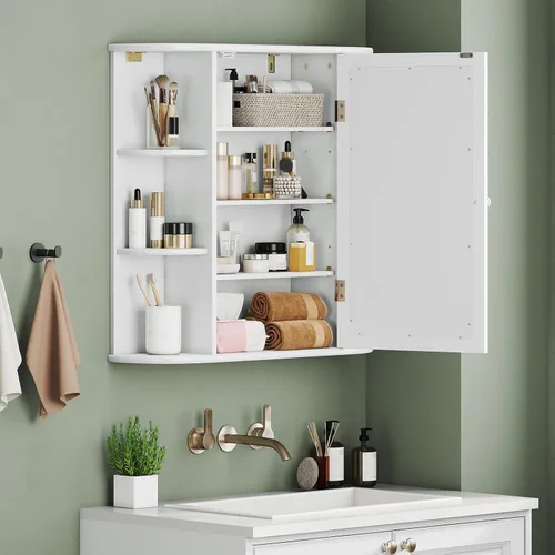 Miniatura 9 de Giantex Botiquín de baño, armario de espejo de baño montado en la pared con puerta de espejo y 4 estantes interiores, 6 estantes abiertos, Blanco