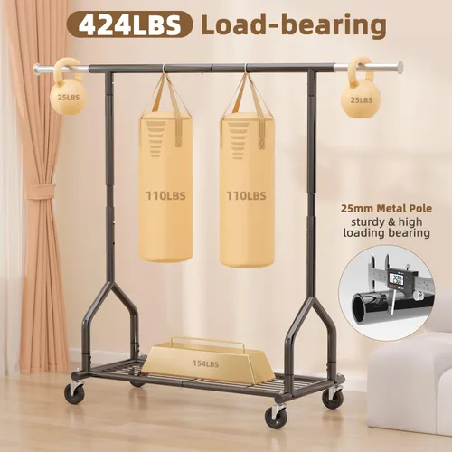 Miniatura 2 de EAGMAK Perchero de ropa resistente con capacidad de carga de 192 kg, perchero enrollable con estantes, colgador de ropa ajustable de metal