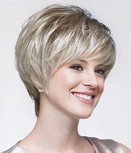 Miniatura 18 de SEVENCOLORS Pelucas cortas de cabello sintético con flequillo lateral y rubio mezclado para mujeres blancas, longitud al hombro, pelucas de cabello