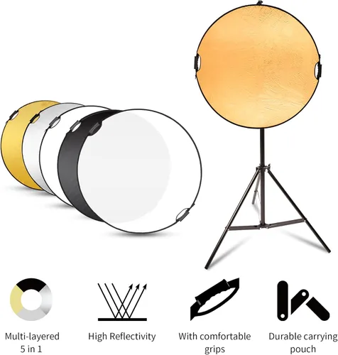 Miniatura 6 de Selens Kit de soporte reflector redondo con mango para fotografía, iluminación plegable 5 en 1 de 32 pulgadas con soporte de luz de 6.5 pies, bolsa