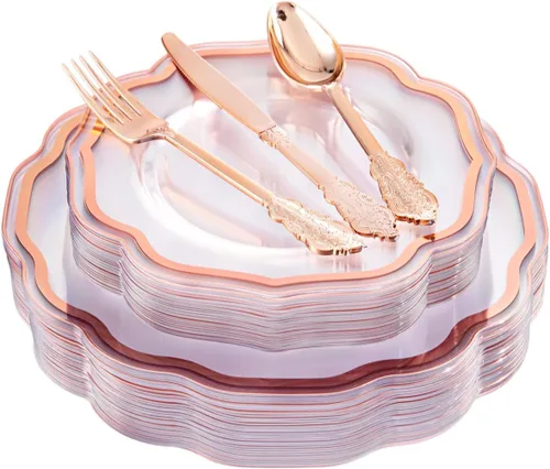 NOCCUR 150 platos de plástico de oro rosa y cubiertos de oro rosa, incluye 30 platos de cena, 30 platos de ensalada, 90 utensilios desechables de