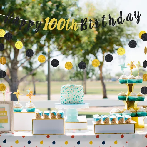 Miniatura 4 de Juego de decoración de cumpleaños número 100 – Cartel de feliz cumpleaños número 100 con puntos circulares de purpurina negra y dorada que saluda a