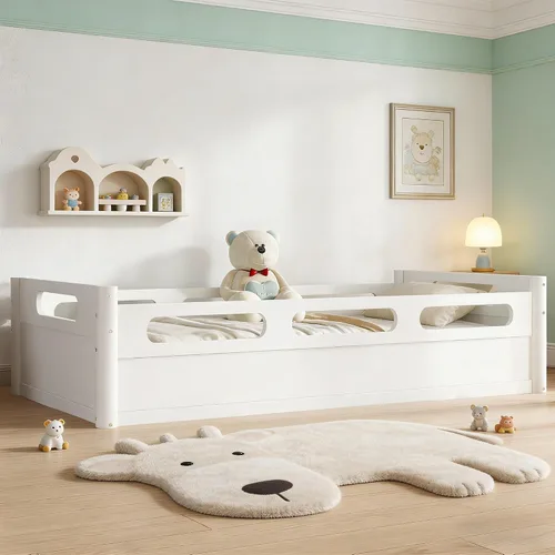 Miniatura 19 de Bellemave Cama de suelo Queen para niños, marco de cama Montessori con barandillas y puerta en forma de valla, cama Queen de madera para niños, Gris