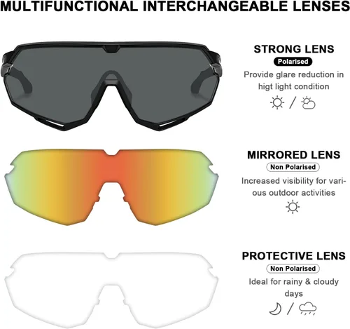 Miniatura 4 de CARFIA Gafas de sol polarizadas de ciclismo para hombre - 3 lentes intercambiables UV400/a prueba de golpes/HD Vision CA5390