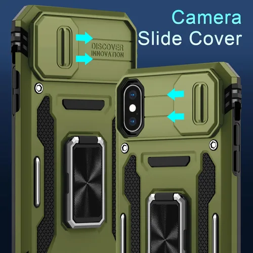 Miniatura 282 de DEERLAMN Funda para iPhone Xs Max con funda deslizante para cámara + protector de pantalla, soporte giratorio de anillo de grado militar a prueba
