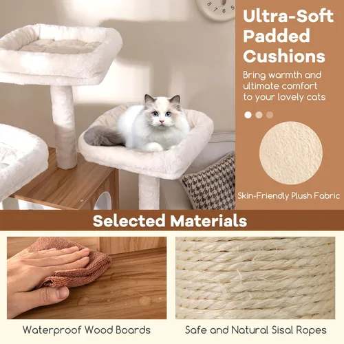 Miniatura 7 de Tangkula Árbol alto para gatos, torre para gatos de madera moderna de 68 pulgadas con postes rascadores de sisal, 3 perchas acolchadas, condominio