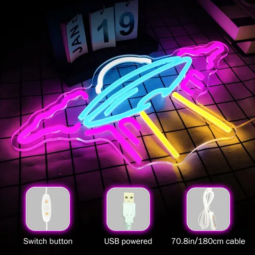 Miniatura 2 de Letrero de neón OVNI de nave espacial con luces LED de neón regulables para pared, letrero de neón OVNI para dormitorio, niños, espacio