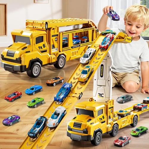 Miniatura 8 de Juego de camiones y coches para niños de 3, 4, 5, 6, 7, 8 años, juego de camiones transportadores con pista de 12 coches fundidos a presión
