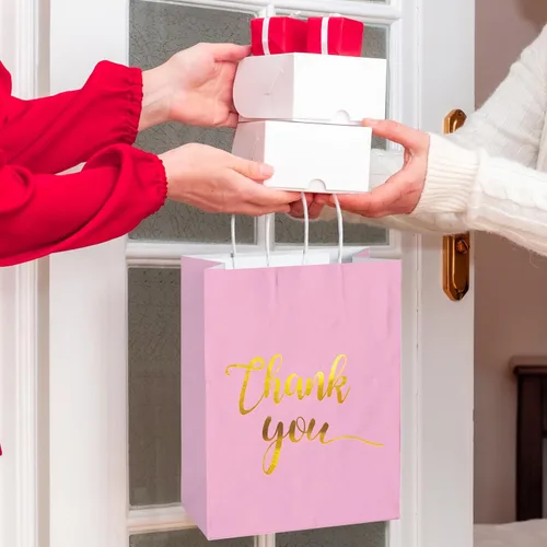 Miniatura 7 de 30 bolsas de regalo de agradecimiento con papel de seda dorado con asas para bodas, cumpleaños, negocios, compras, baby showers, recuerdos de Rosado