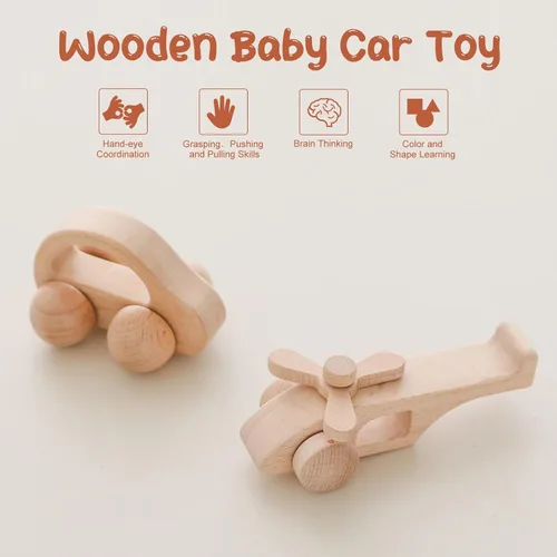 Miniatura 2 de Automóvil de madera para bebés y aviones, auto de madera para niños pequeños Montessori Baby Grip Toy Car, regalos para niños y niñas, auto