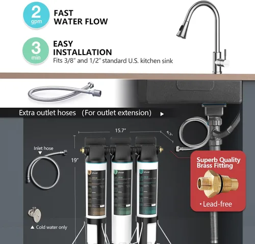 Miniatura 3 de Frizzlife TW15 - Sistema de filtro de agua para debajo del fregadero, elementos certificados NSF/ANSI 53 y 42, reduce el 99,99% de plomo, cloro