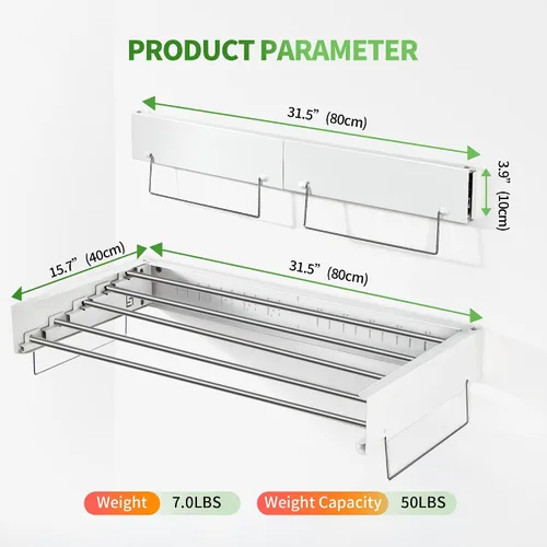 Miniatura 7 de Heshecein - Tendedero plegable para colgar en la pared, 5 varillas de acero inoxidable, estante plegable para ropa y toallas para interiores