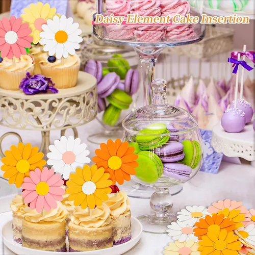 Miniatura 6 de Henoyso 48 decoraciones para cupcakes de margaritas de primavera Groovy Spring Flower Cake Topper de los años 70, hippie, bohemio, joven, salvaje