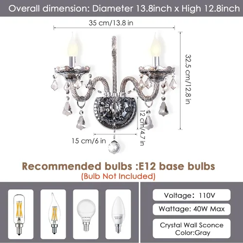 Miniatura 6 de Apliques de Pared de Cristal Luces de Pared Elegantes Lámpara de Pared de Cristal Gris Retro Juego de 2 Candelabro de Estilo Europeo Adecuado