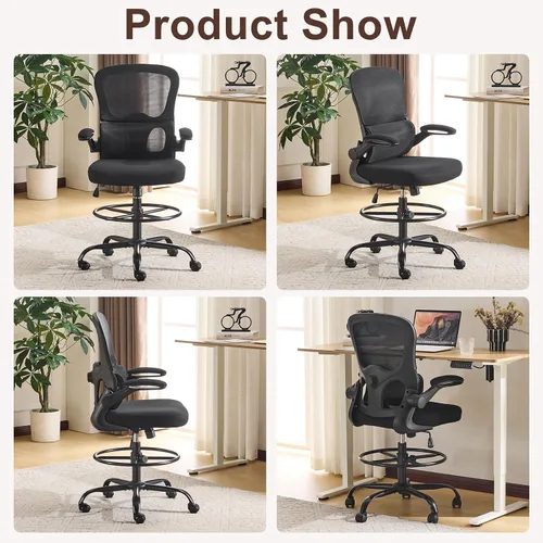 Miniatura 6 de Karlhome - Silla ergonómica de dibujo con soporte lumbar y reposabrazos abatibles, silla de oficina giratoria alta con anillo reposapiés de altura