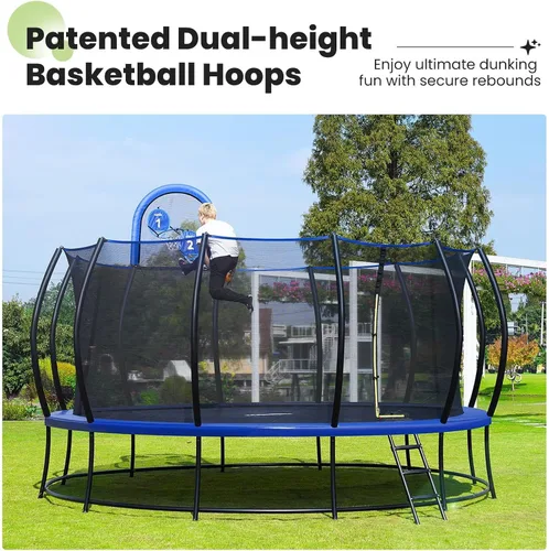 Miniatura 8 de Zupapa Trampolín de doble marco de capacidad de 1800 libras, 16, 15, 14, 12 pies, diseño de seguridad sin huecos, postes curvos y aro de baloncesto