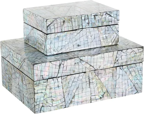 Miniatura 18 de Deco 79 Caja decorativa geométrica hecha a mano con concha de madreperla, mosaico de puntos, caja de almacenamiento para recuerdos, con acentos Crema