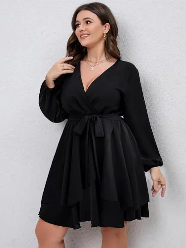 Miniatura 3 de SCOMCHIC Vestido corto de manga larga con cuello en V cruzado para mujer, talla grande
