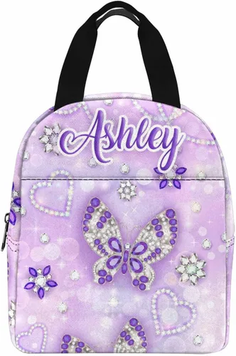 Miniatura 21 de InterestPrint Bolsa de almuerzo con nombre personalizado para hombres y mujeres, diseño de mariposa rosa y azul personalizada, caja de almuerzo