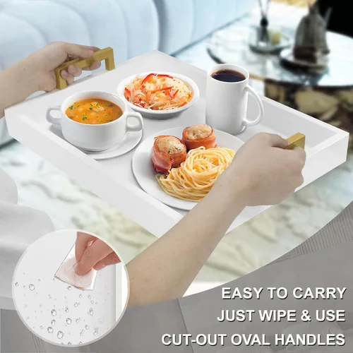 Miniatura 3 de MAONAME Bandeja de Servir de Madera con Asas, Bandeja Decorativa Blanca para Mesa de Café, Bandeja Rectangular Moderna, Bandeja Otomana de Madera