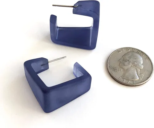 Miniatura 3 de Pendientes de aro cuadrados geométricos de Lucite esmerilado azul mezclilla