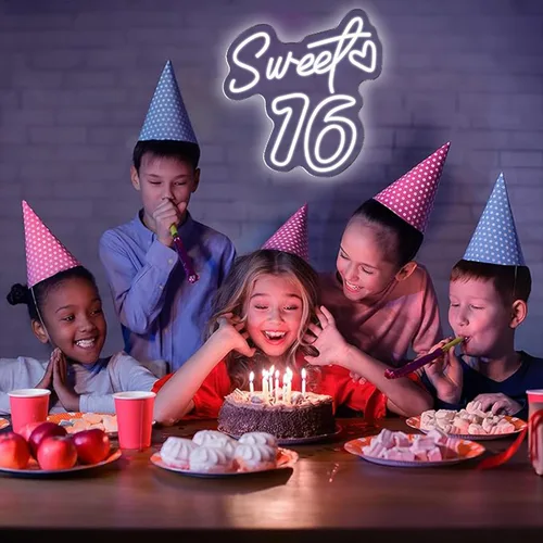 Miniatura 7 de Decoraciones de neón para fiestas de 16 años con texto en inglés «Sweet 16», decoración de cumpleaños para niñas, brillo vibrante para fiestas