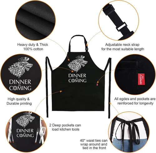 Miniatura 3 de Delantales de parrilla para hombres y mujeres, La cena se acerca Delantal de chef de cocina con 2 bolsillos y lazos de 40 pulgadas de largo, Black14