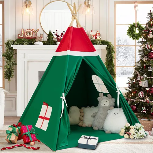 Miniatura 11 de WIRHAO Tienda de campaña tipi para niños con alfombrilla acolchada, lona de algodón, tipi con pompón para niños pequeños, tienda de campaña