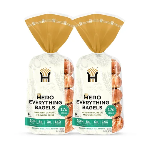 Hero Todo en Uno Bagel - 5g de carbohidratos netos, 17g de proteína, alta en fibra, 140 calorías por porción (2 paquetes (10 bagels))